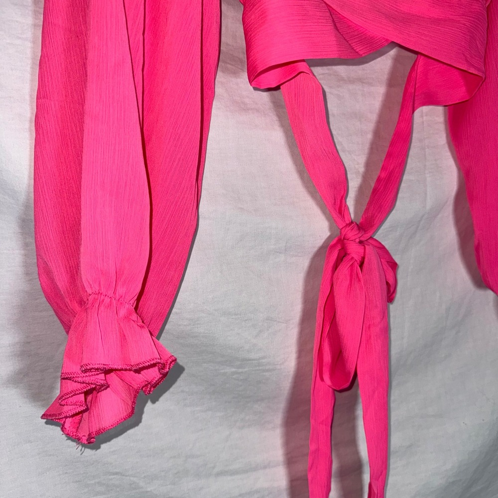 Lyaner Hot Pink Barbie Core Tie Back Crop Top Long Lantern Sleeve Size Medium - Picture 6 of 6